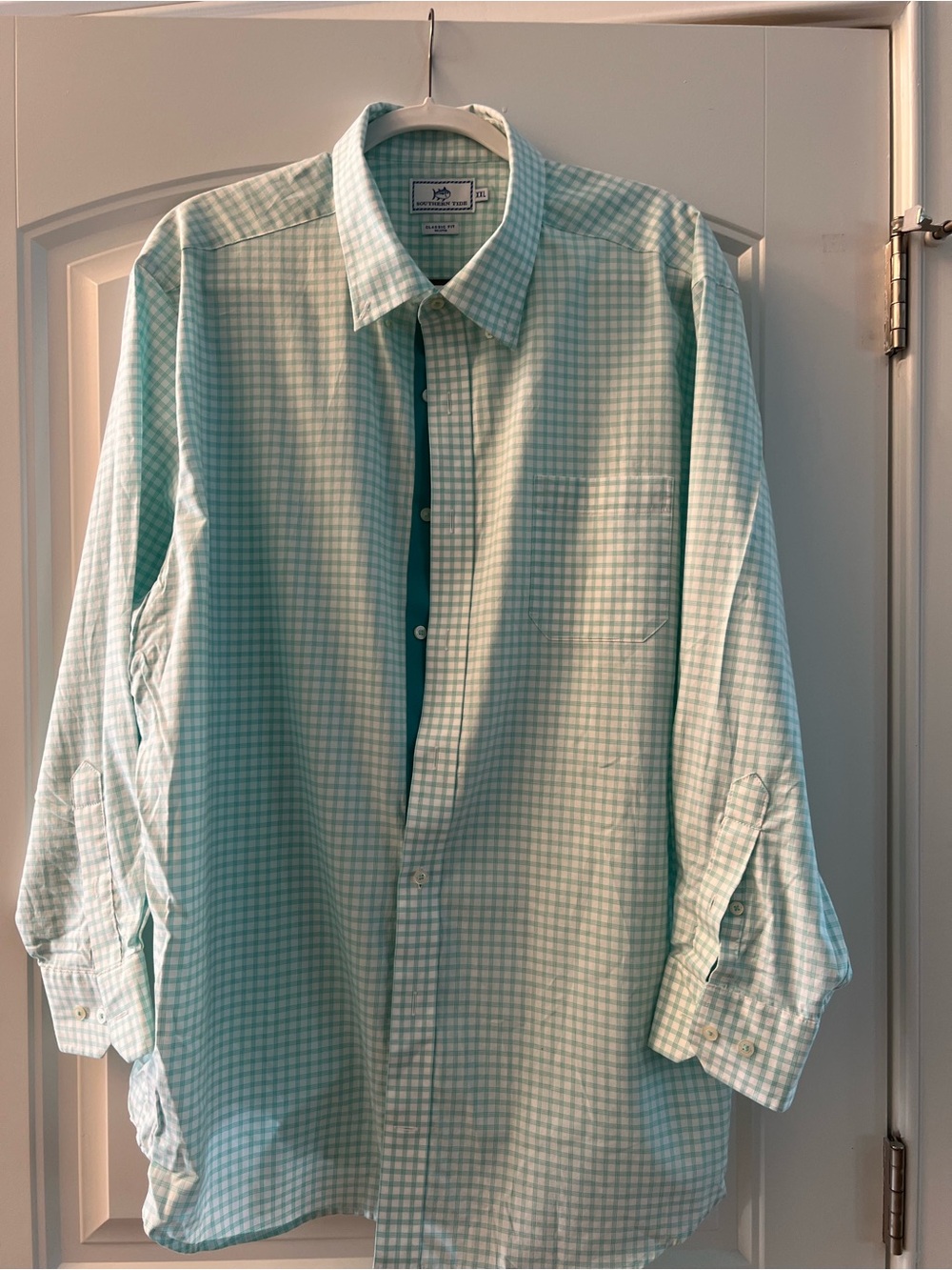 Southern Tide Aqua and White Gingham Dress Shirt